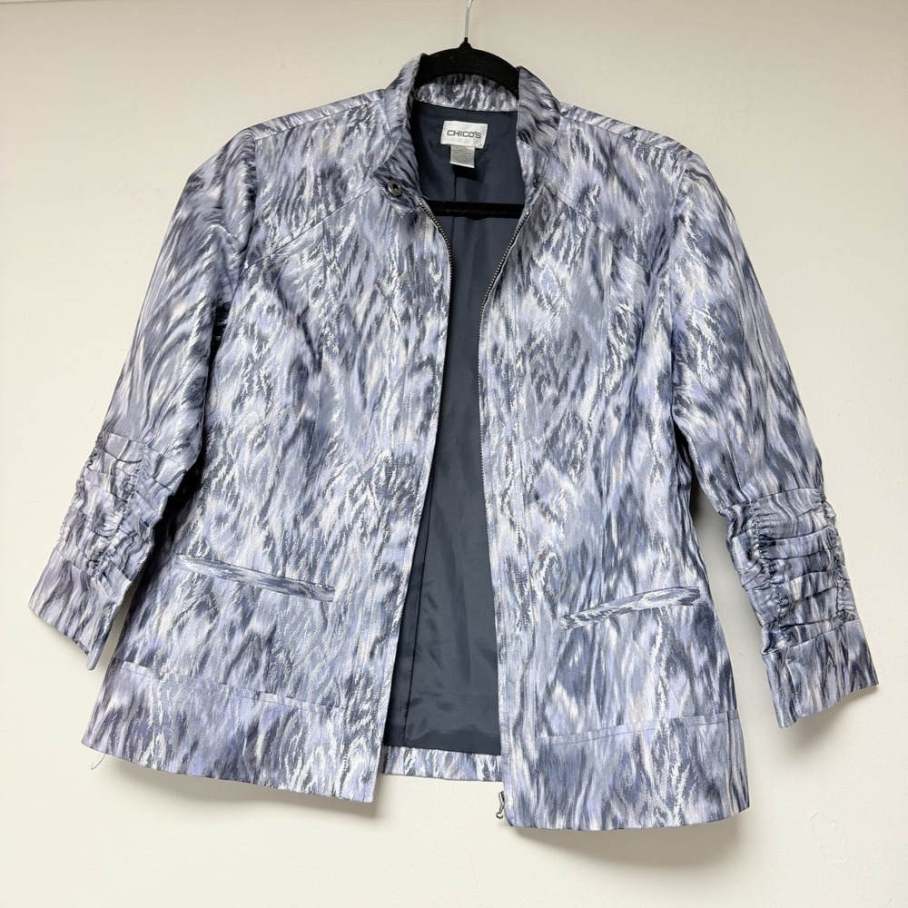 Chicos Womens Jacket Size 0 Metallic Abstract Print Blazer Collarless